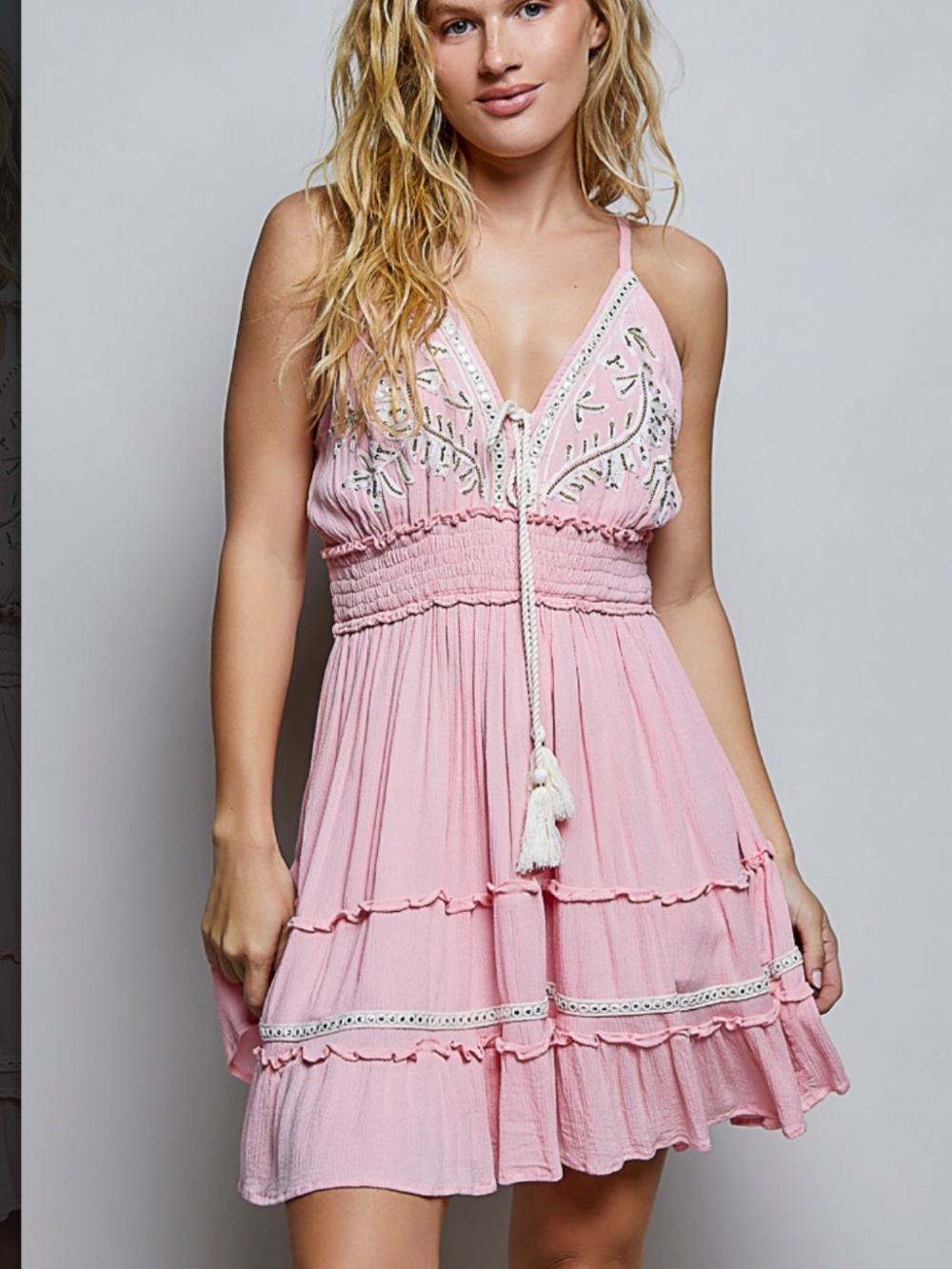 POL Light Pink Embroidered Tassel Tiered Midi Dress